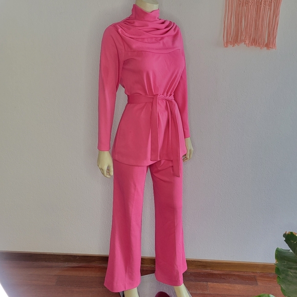 Vintage Pants - Vintage 70s Hot Barbie Pink Leisure Wear Pant Set